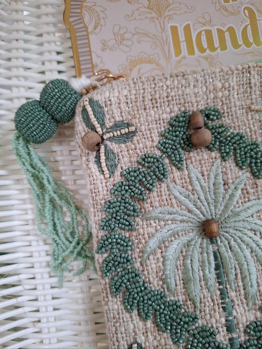 Handcrafted Beaded Green Palm Tree Coastal Medium Size Pouch NWT